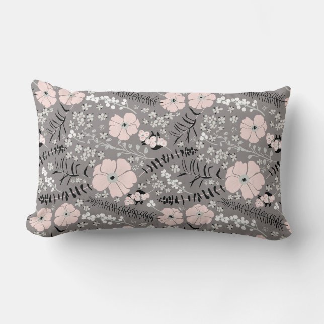 Sweet Grey Pink White Whimsical Floral Pattern Lendenkissen (Vorderseite)