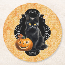 Sweet Halloween Black Cat and Pumpkin Runder Pappuntersetzer