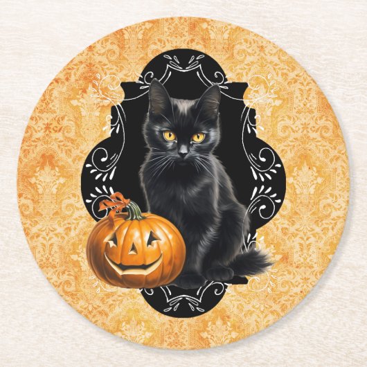 Sweet Halloween Black Cat and Pumpkin Runder Pappuntersetzer (Vorderseite)