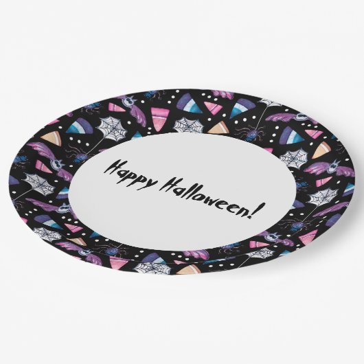 Sweet Halloween-Black-Party-Teller Pappteller (Schrägansicht)