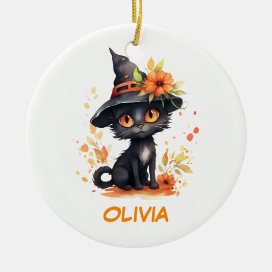 Sweet Halloween Cat Individuelle Name Keramik Ornament (Vorne)