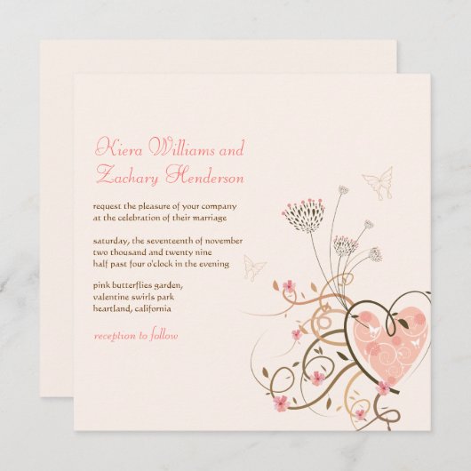 Sweet Heart & Butterfly Wirbel Hochzeit Einladung (Vorne/Hinten)