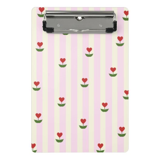 Sweet Heart Flower Pattern – Soft Pink Striped Mini Klemmbrett (Vorderseite)