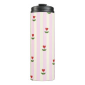 Sweet Heart Flower Pattern – Soft Pink Striped Thermosbecher (Vorderseite)