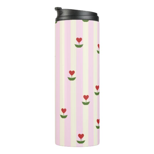 Sweet Heart Flower Pattern – Soft Pink Striped  Thermosbecher (Nach rechts gedreht)