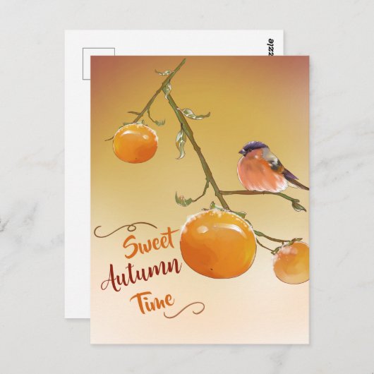 Sweet Herbst Niedlich Orange Persimmon Frucht & Bi Postkarte (Vorne/Hinten)