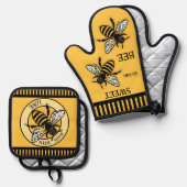 Sweet Honey Bee Ocher Black Ofenhandschuh & Topflappen-Set (Vorderseite/Rückseite)
