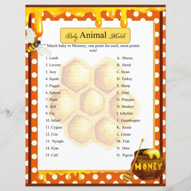 Sweet Honeybee Baby Shower Animal Match Game (Vorderseite)