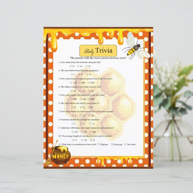 Sweet Honeybee Baby Shower Trivia Game (Stehend Vorderseite)