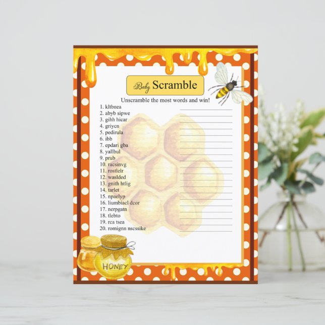 Sweet Honeybee Baby Shower Word Scramble Game (Stehend Vorderseite)