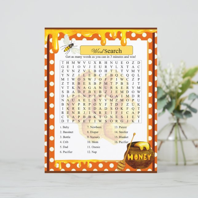 Sweet Honeybee Baby Shower Word Search Game (Stehend Vorderseite)