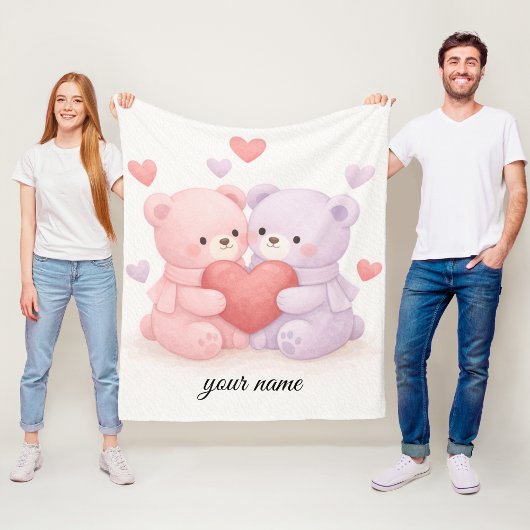 Sweet Hugs & Hearts: Soft Watercolor Cuddling Bear Fleecedecke