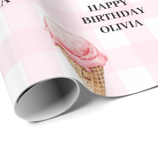 Sweet Ice Cream Birthday Pink Gingham Custom Name Geschenkpapier (Rolleneckpunkt)