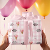 Sweet Ice Cream Birthday Pink Gingham Custom Name Geschenkpapier