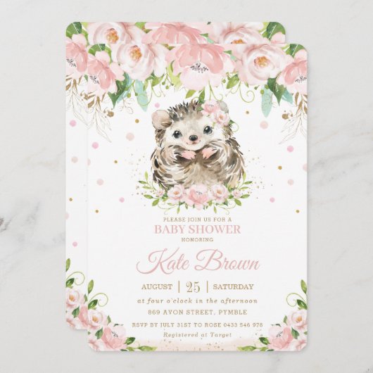 Sweet Igel Blush Pink Blues Bloral Gold Baby Dusch Einladung (Vorne/Hinten)