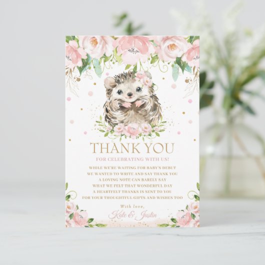 Sweet Igel Blush Pink Blumenblütendusche  Dankeskarte (Stehend Vorderseite)
