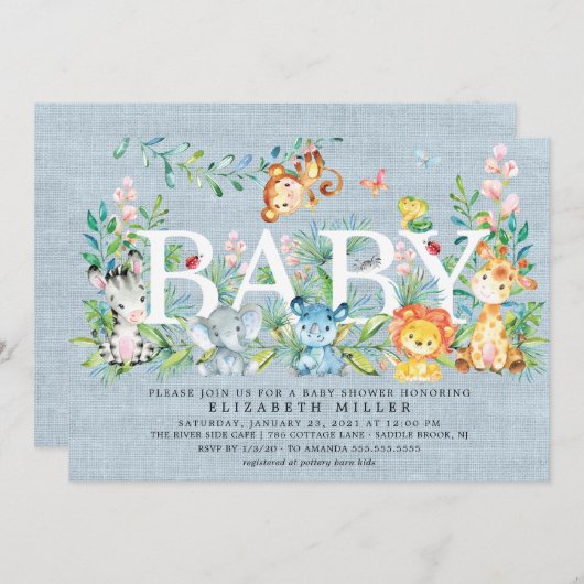 Sweet Jungle Animals Boys Kinderdusche Einladung (Vorne/Hinten)