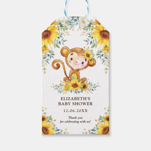 Sweet Jungle Monkey Sunflowers Baby Dusche Gefalle Geschenkanhänger (Vorderseite)