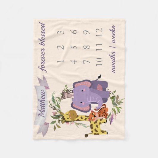 Sweet Jungle Safari Animals Baby Boy Milestone Fleecedecke (Vorderseite)