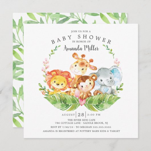 Sweet Jungle Safari Animals Boys Baby Dusche Einladung (Vorne/Hinten)