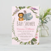 Sweet Jungle Safari Tiere Pink Girl Baby Dusche Einladung (Stehend Vorderseite)