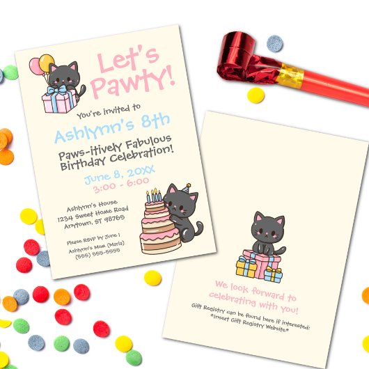 Sweet Kawaii Black Cat Birthday Party Einladung