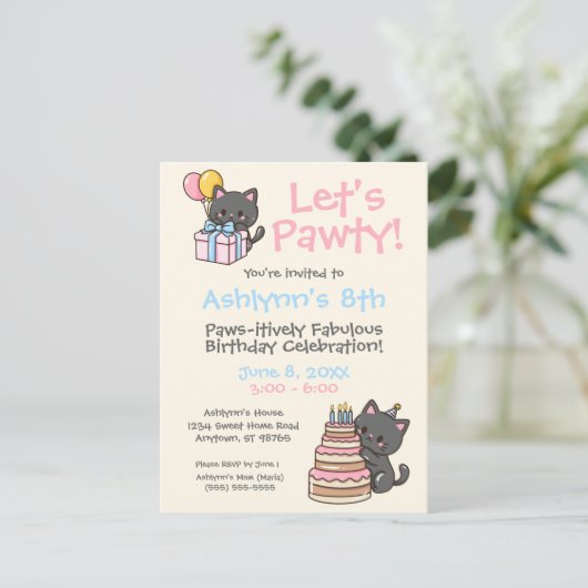 Sweet Kawaii Black Cat Birthday Party Postkarte (Stehend Vorderseite)