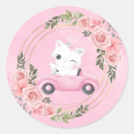 Sweet Kitten Pink Vintage Car Baby Dusche Runder Aufkleber