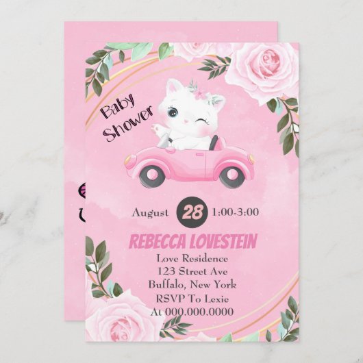 Sweet Kitten Vintag Pink Car Girl Babydusche (Vorne/Hinten)