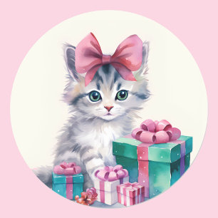 Sweet Kitty Cat Big Pink Bow Runder Aufkleber
