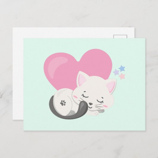 Sweet Kitty Cat Schlafen mit einem großen Herz im  Postkarte (Vorne/Hinten)