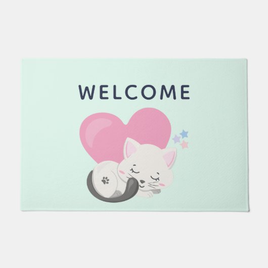 Sweet Kitty Cat Schlafen mit rosa Herz Willkommen Fußmatte (Vorderseite)