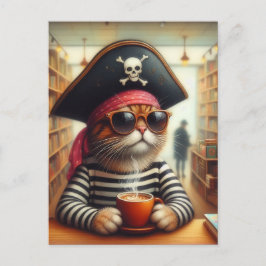 Sweet Kitty Pirate mit einem Kaffee in einem Buchl Postkarte