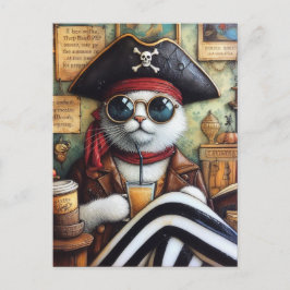 Sweet Kitty Pirate mit Kaffee in einem Antiquitäte Postkarte
