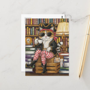 Sweet Kitty Pirate mit Kaffee in einem Buchladen Postkarte