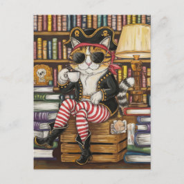 Sweet Kitty Pirate mit Kaffee in einem Buchladen Postkarte