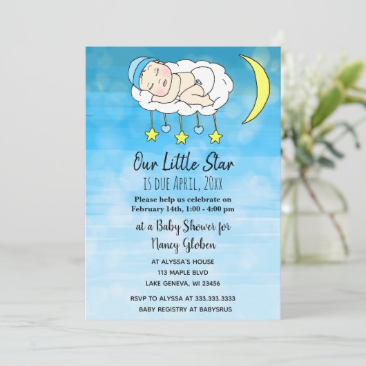 Sweet kleine Baby Blue Stars und Mond Jungs Einladung (Stehend Vorderseite)