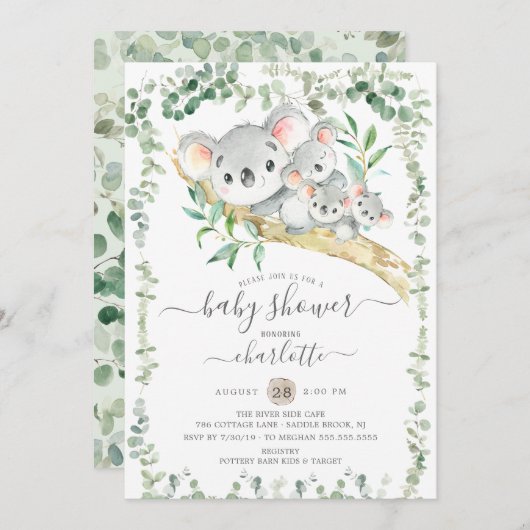Sweet Koala Bears Triplets Kinderdusche Einladung (Vorne/Hinten)