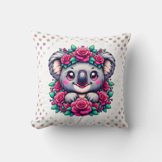 Sweet Koala with Pink Rose Wreath Kissen (Vorderseite)
