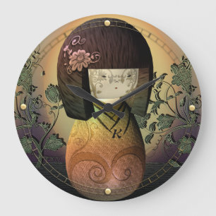 Sweet Kokeshi Doll Personalized Monogram Große Wanduhr