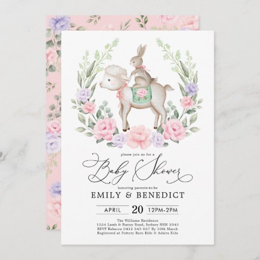 Sweet Lamb & Bunny Rabbit Soft Floral Baby Dusche Einladung (Vorne/Hinten)