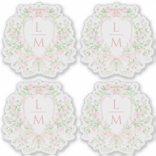 Sweet Leaf Wappen mit rosa Bogen | Monogramm-Hochz Aufkleber (Vorderseite)