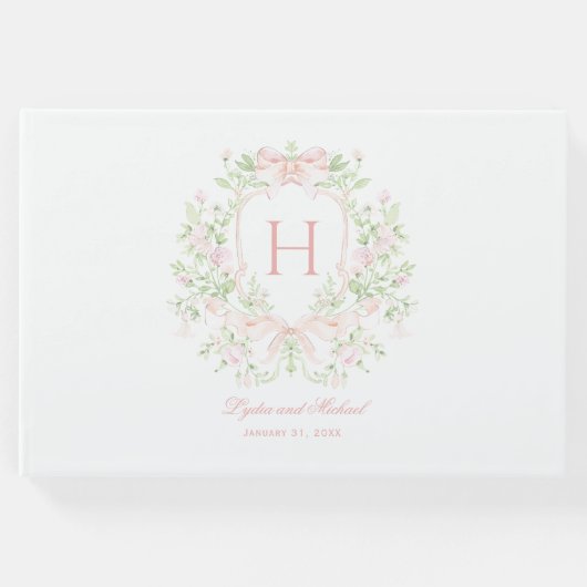 Sweet Leaf Wappen mit rosa Bogen | Monogramm-Hochz Gästebuch (Vorderseite)