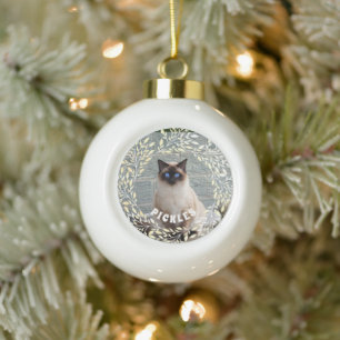 Sweet Leafy Botanical Wreath Pet Cat Holiday Keramik Kugel-Ornament