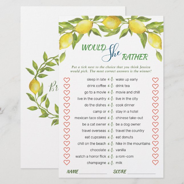 Sweet Lemons & Greenery Chic Brautparty Game (Vorne/Hinten)