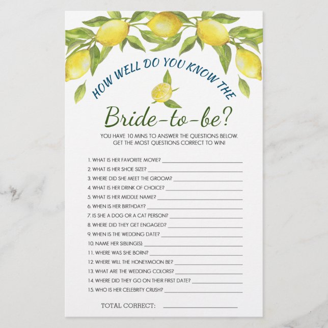 Sweet Lemons & Greenery Chic Brautparty Game (Vorderseite)