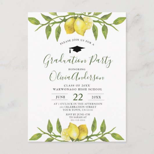 Sweet Lemons Grüne Graduation Party Einladung Postkarte (Vorderseite)