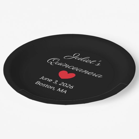 Sweet Letters: White on Black Quinceanera Pappteller (Schrägansicht)