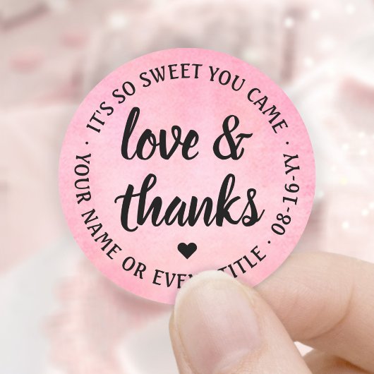 Sweet Liebe & Danke Pink Watercolor & Black Script Runder Aufkleber