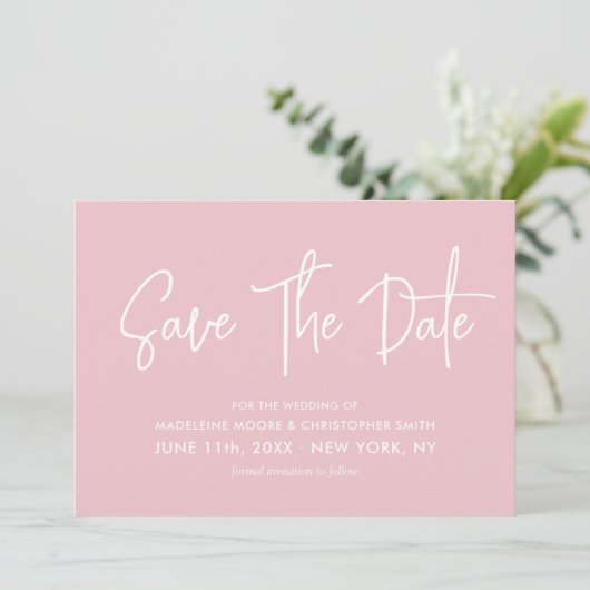Sweet Light Pink Calligraphy Scannable QR Code Save The Date (Stehend Vorderseite)